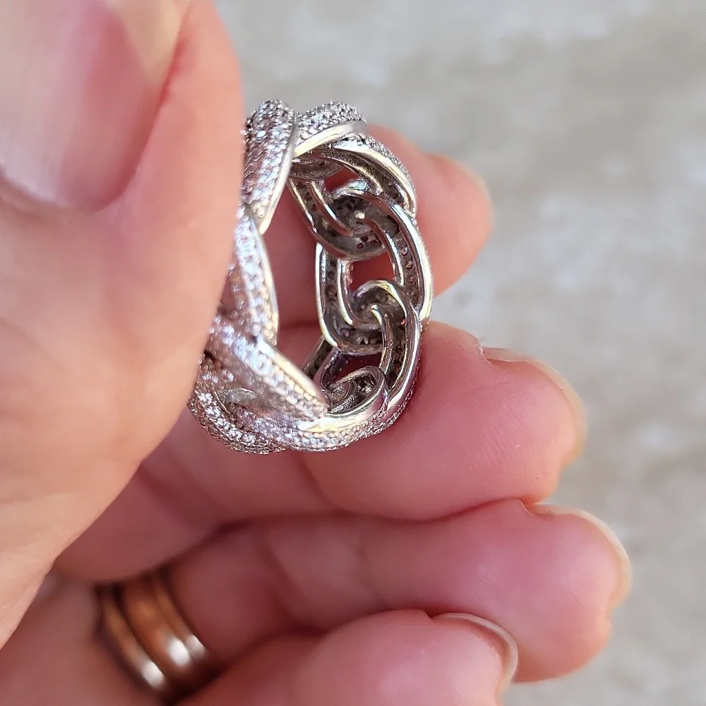 925 Sterling Cuban Chain Link Ring With Simulated Diamonds